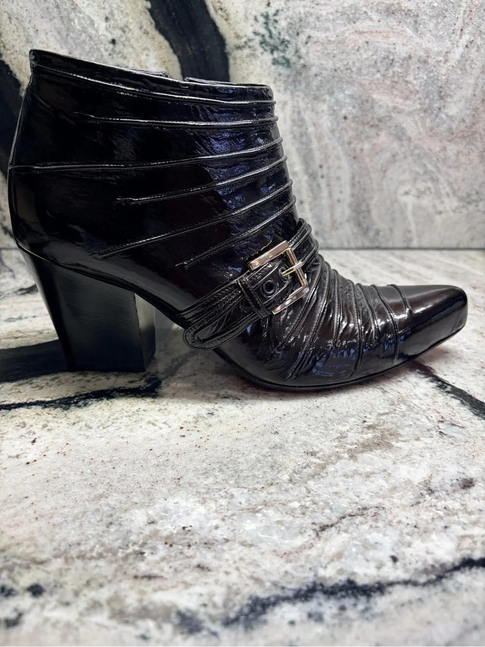 Silvano Lattanzi Black Patent Leather Buckle Ankle Boots Heels Size 38 Italy
